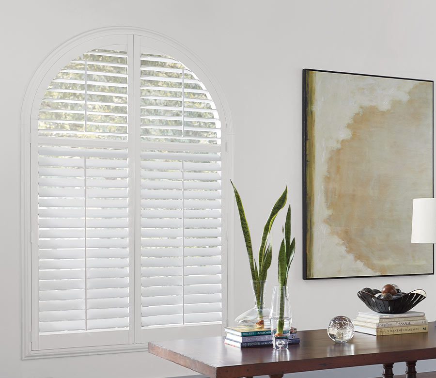 arched white window shutters in home office toronto canada