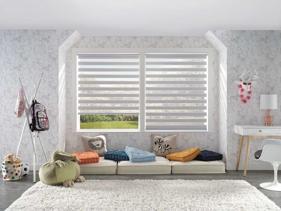 Designer banded shades in playroom