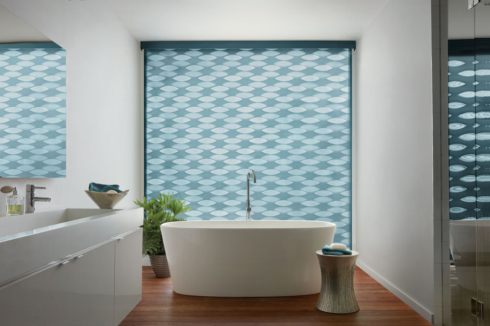 art deco influenced trending fabric patterns with banded shades in Toronto bathroom