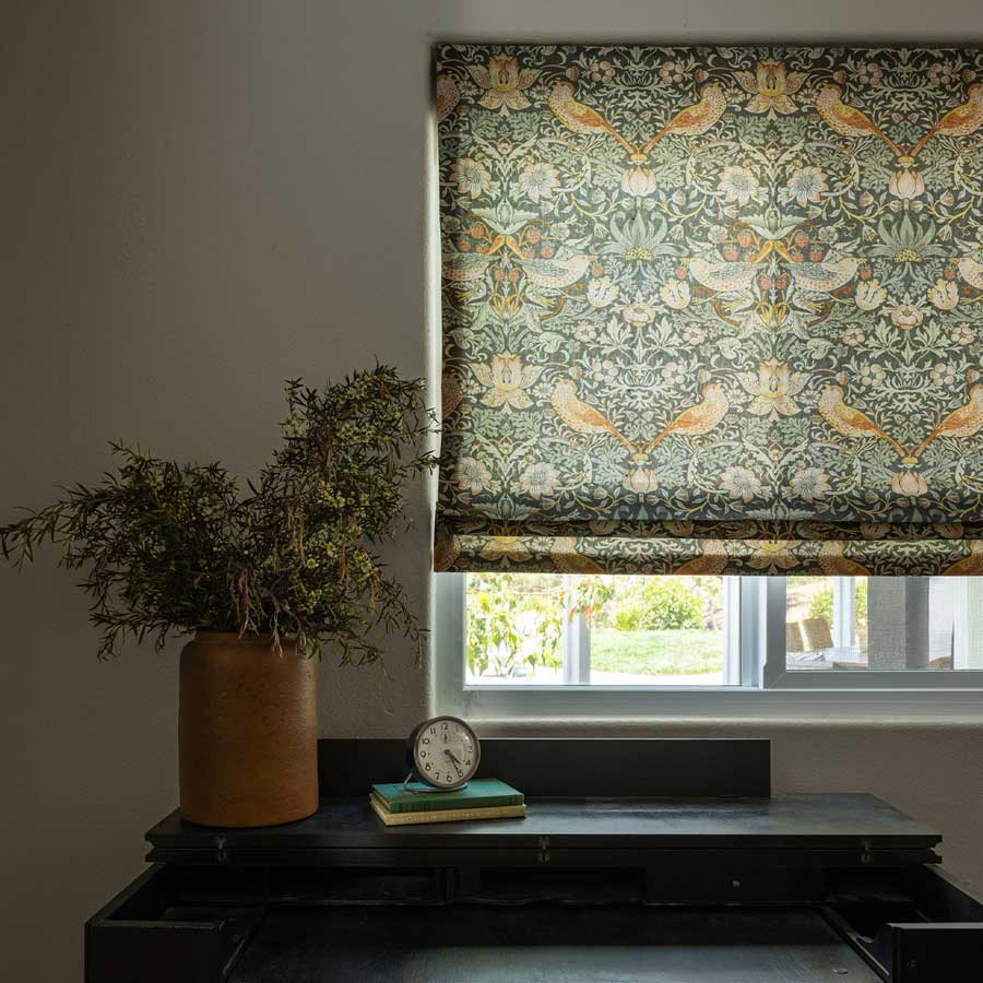 Custom roman shades in botanical design and colors