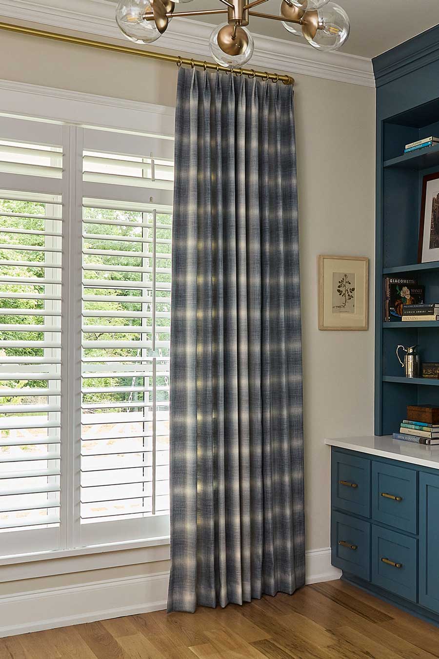 Custom drapery in plaid in living room