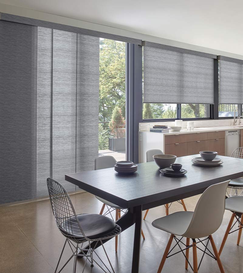 gray panel track shades for Sliding Glass Doors in Toronto kitchen