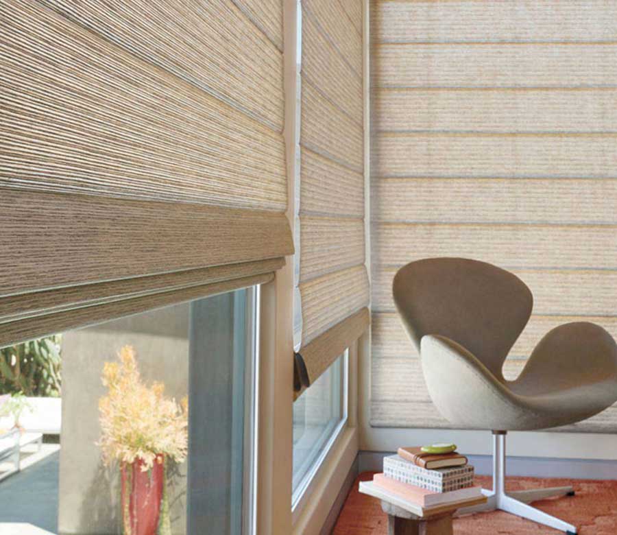 living room with light colored alustra window shades
