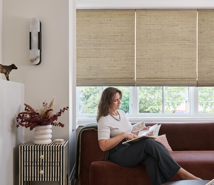 Bedroom with neutral provenance woven blinds