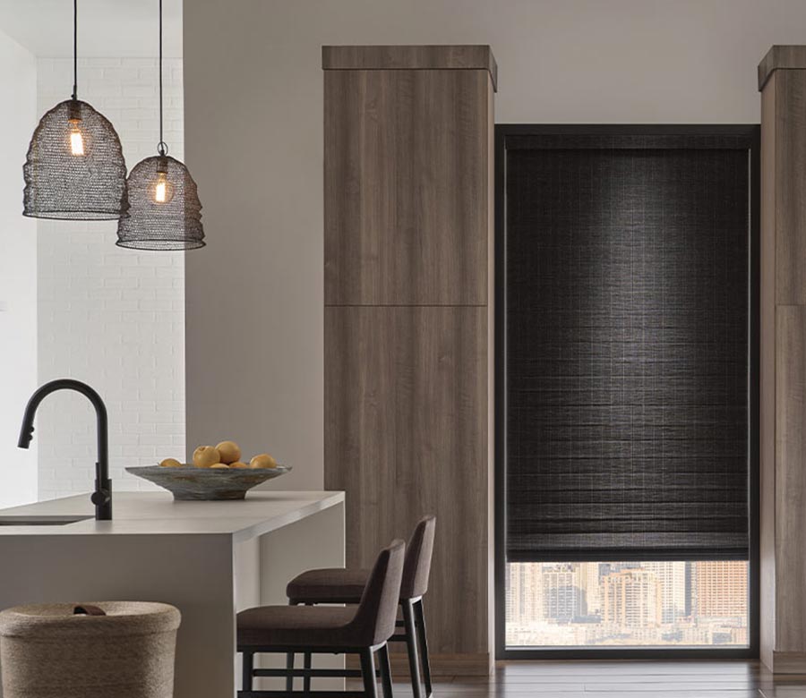black woven shade in a contemporary apartment kitchen