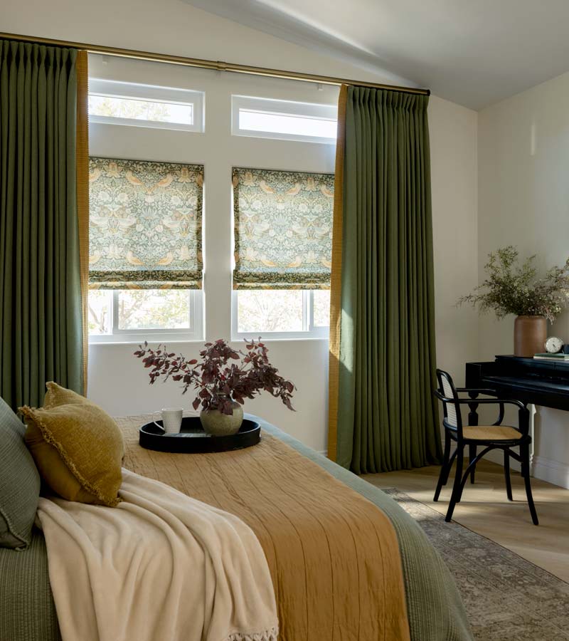 Warm Eucalyptus Custom Drapery with Roman Shades toronto