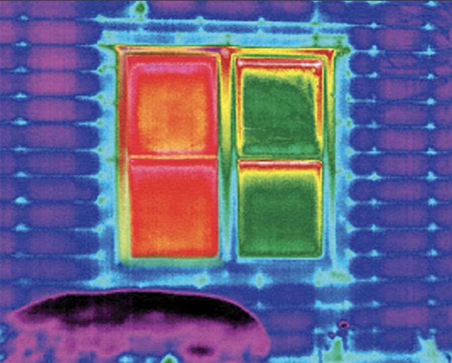 infrared imaging of two windows, one left uncovered shows energy loss, and the other is covered, showing insulated glass
