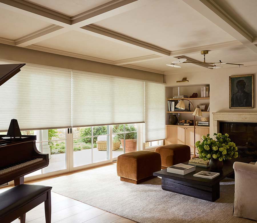 Duette Honeycomb Shades covering large windows in an elegant living room