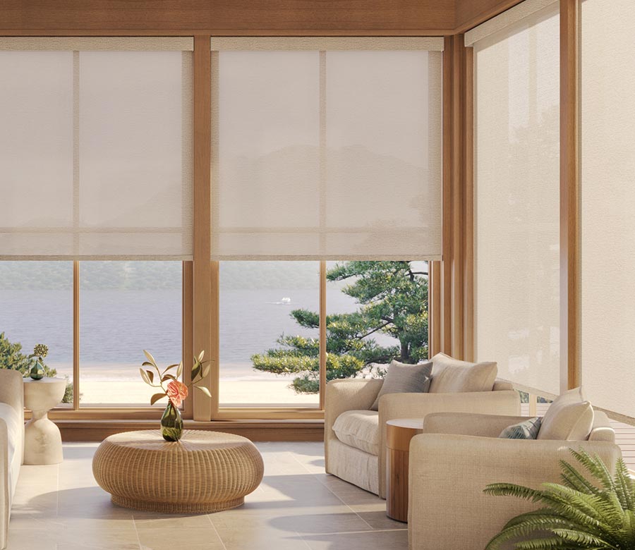 cream shades covering living room windows
