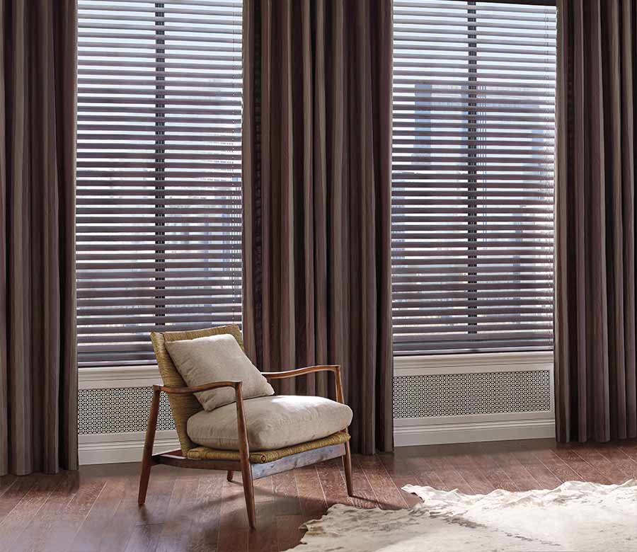 wood blinds with drapery in contemporary style night and day window decor