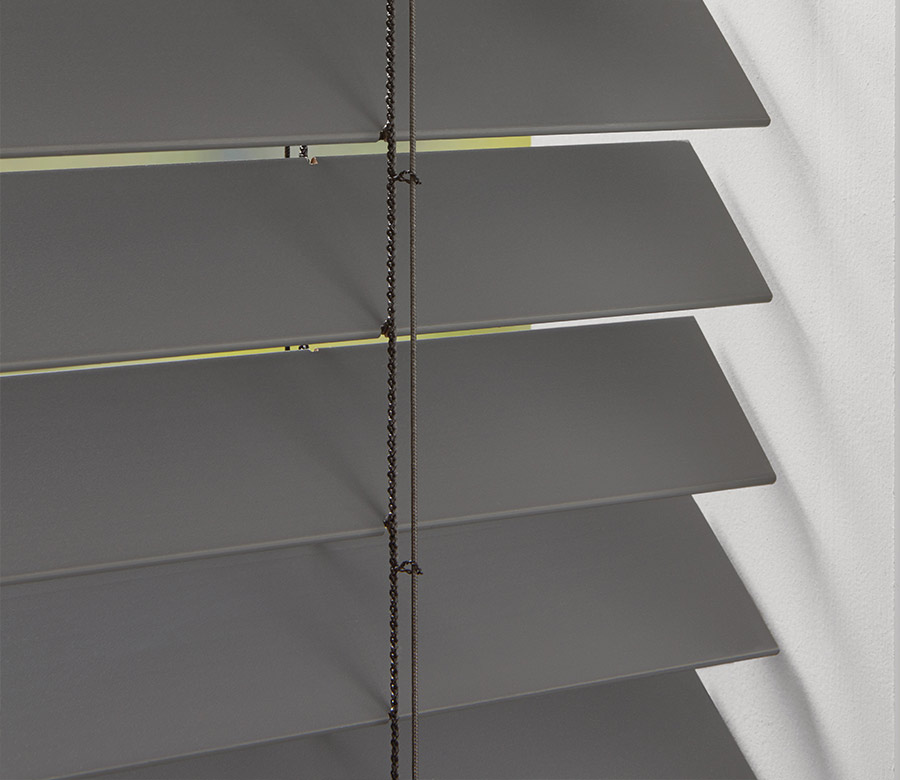 close up of parkland wood blinds in gray