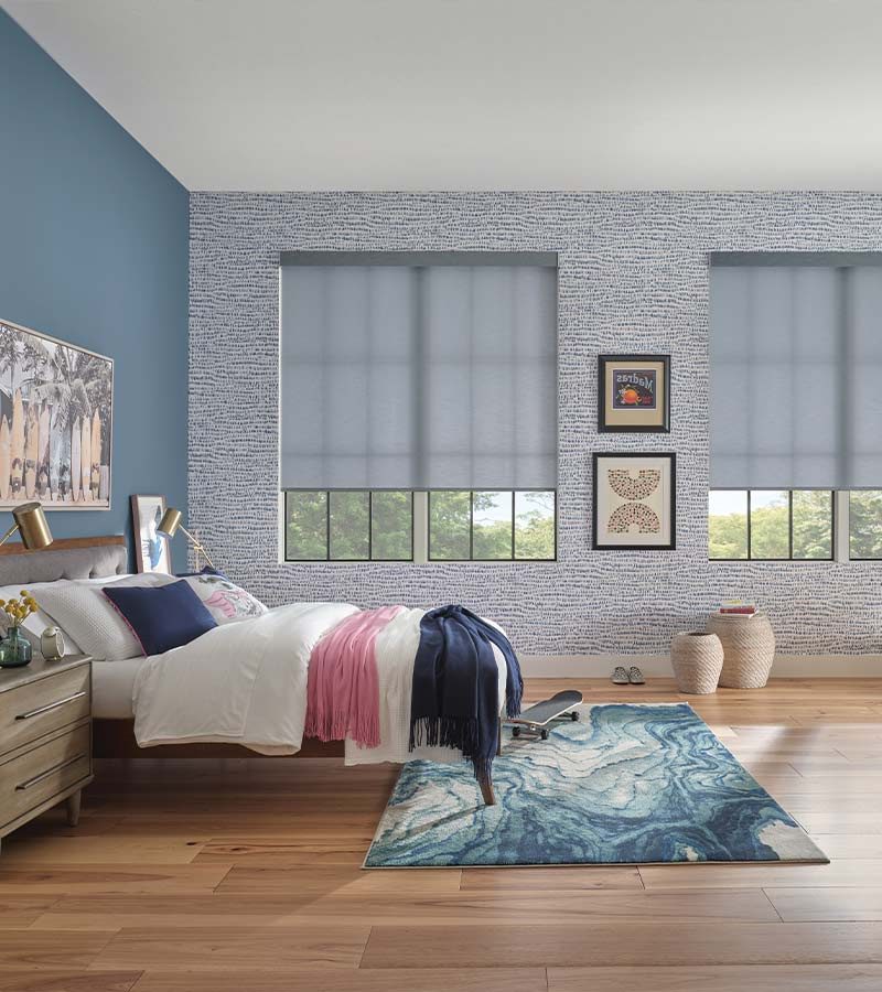 bedroom blue cordless roller shades