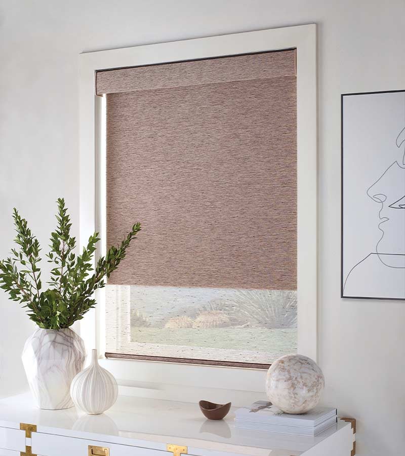 pink designer roller shades in bathroom