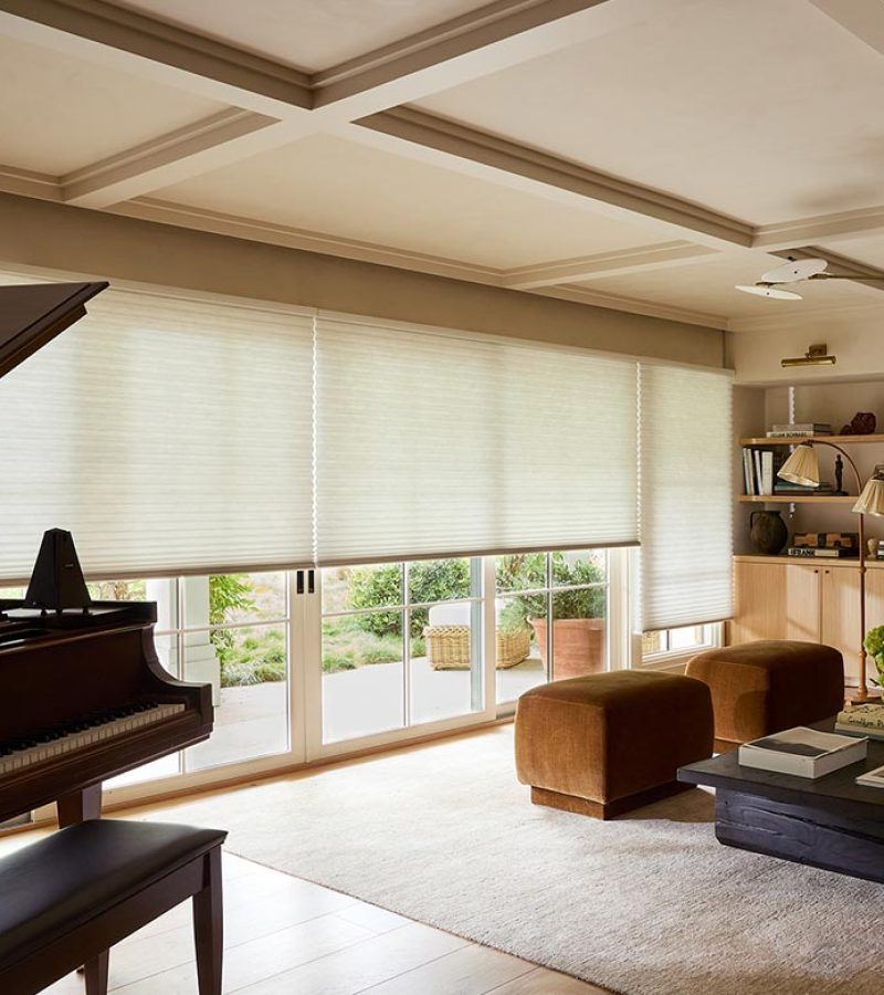 honeycomb shades on living room on glass doors