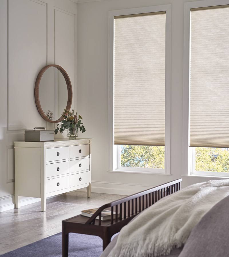 white energy efficient window treatments in bedroom