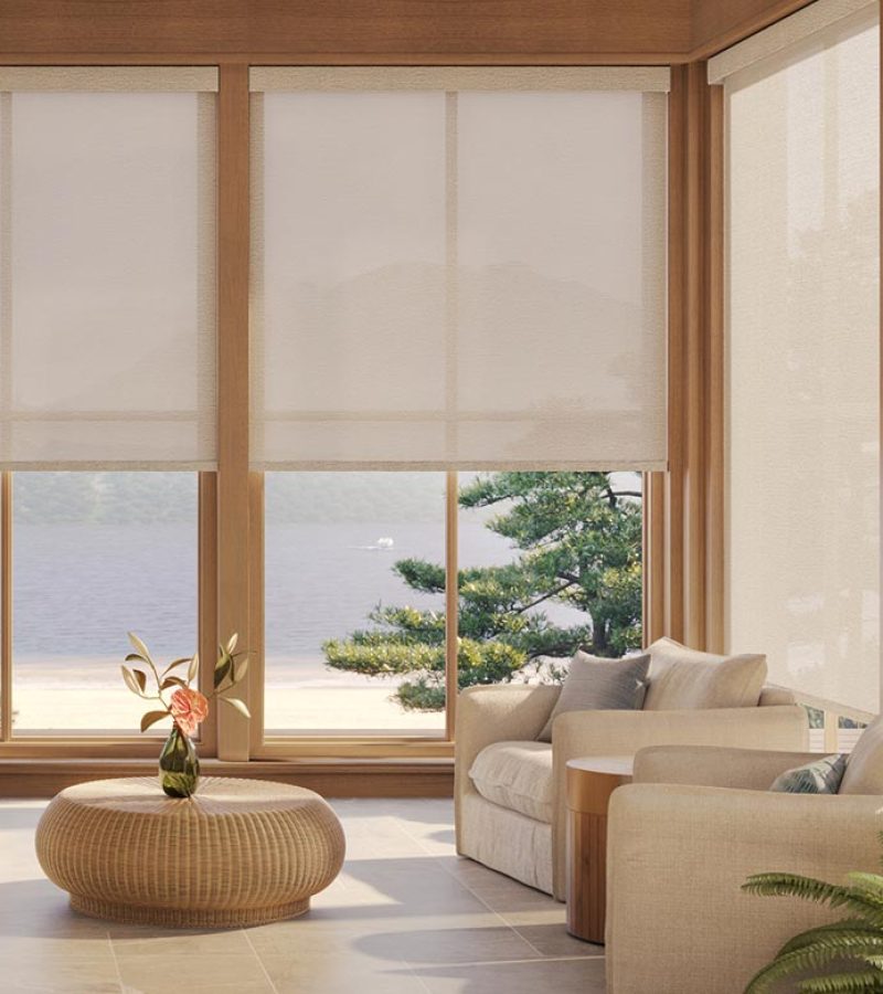 cream shades covering living room windows