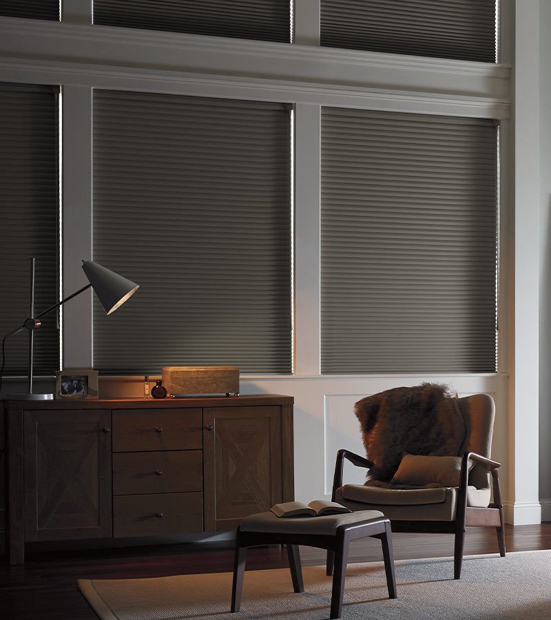 home office with gray room darkening cellular shades